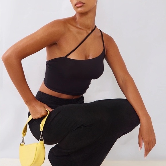 PrettyLittleThing Black Slinky Asymmetrical Crop Top Nwt Size 12 - Picture 3 of 5